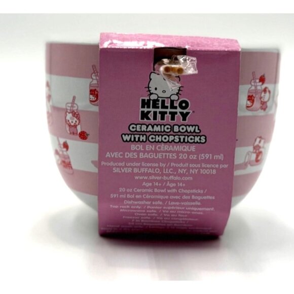 Hello Kitty Ceramic Bowl With Chopsticks Set 20 Oz Pink & White By Silver Buffal - Picture 4 of 5